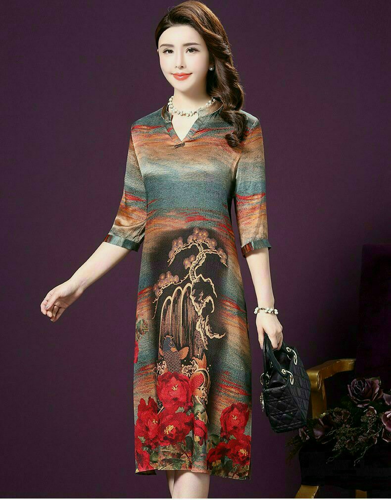 ĐẦM SUÔNG IN HỌA TIẾT HOA VÀ CÁ PHỐI KHĂN CHOÀNG SANG CHẢNH CAO CẤP-HN1158