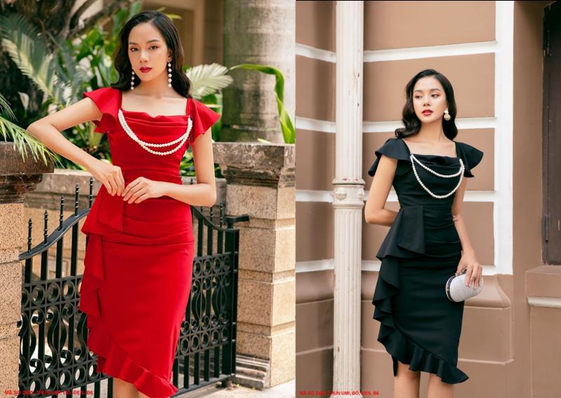 ĐẦM ÔM CỔ VUÔNG DÚN ĐÍNH CHUỖI HẠT SANG TRỌNG-2485